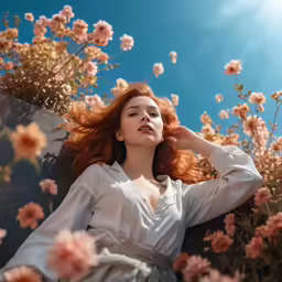 the red headed woman is posing near flowers