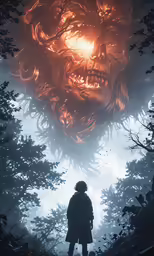 a man stands in front of a giant monster with its eyes closed