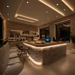 an upscale kitchen with stone counters and large white chairs
