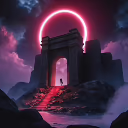 a couple walk in front of an arch at night