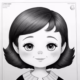 a girl in black is shown, she has big, round, dark eyes and a black - and - white collar