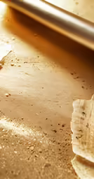 a kitchen counter with a rolled up piece of paper and a rolling pin