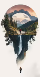 a poster with two people looking at a waterfall