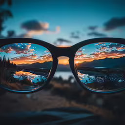 the sun is reflected by the lens of some sunglasses
