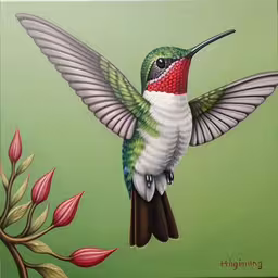 a painting of a hummingbird is shown,a hummingbird flying over a flower on a green background,this painting is of a hummingbird by itself,this painting depicts a hummingbird and flowers,a bird with a colorful wing, sits on a branch and prepares to fly