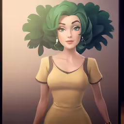 a cartoon girl with green hair holding a glass