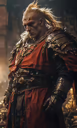 the elderman is wearing a helmet and armor