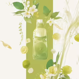 a green bottle and white flowers next to some yellow and green