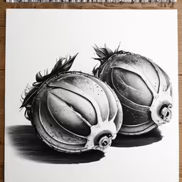 a drawing of two gourds in black and white
