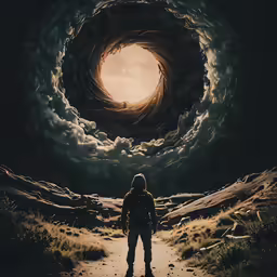 a woman stands in the middle of a dark path in the midst of some clouds