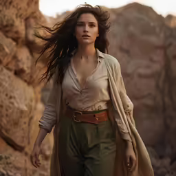 a woman standing on rocks, with her hair in the wind