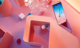 an electronic device sits on display in a colorful room