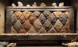 an old looking fire place with various colors