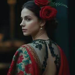 a woman wearing a red dress and flower in her hair