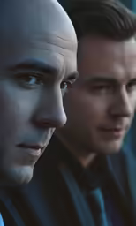 two men looking off to the side and looking away