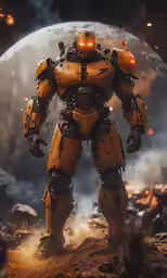 the yellow robot is running through space
