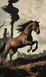 a horse rears itself near an industrial setting