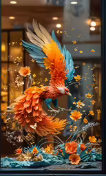 a glass sculpture of a bird on display with butterflies and flowers