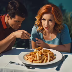 a woman is eating french fries from her plate