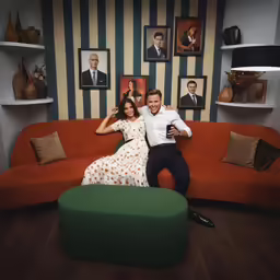 two people on a couch in a living room