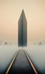 a long exposure photo showing a large building surrounded by fog