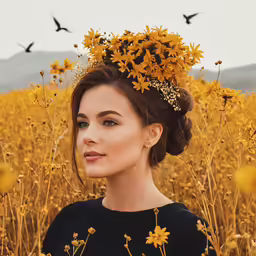 a woman standing in the middle of yellow flowers