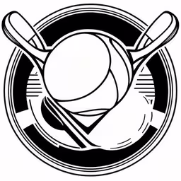 a black and white drawing of bowls and spoons,a ball and crossed bats are in the center of this graphic,the emblem of a tennis ball with two rackets in it,black and white graphic illustration with tennis ball and crossed rackets,crossed baseball bat, ball and crossed crossed paddles logo