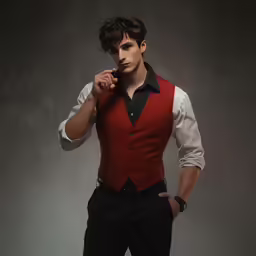man in red vest and black pants with his hands in his pockets