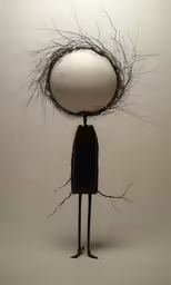 a strange sculpture made with branches and branches on its head