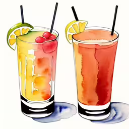 a watercolor sketch of two cocktail glasses,two cocktails one orange, one red with the others blue,two glasses filled with drinks with limes, cherries and orange,two glasses with drinks garnished with cherries and limes,two glasses of drinks are shown in this hand - drawn drawing