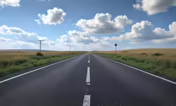 a highway with a blue sky, some clouds and a few green grass