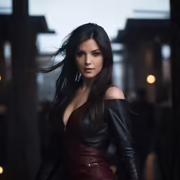 the woman is posing for a photograph wearing leather