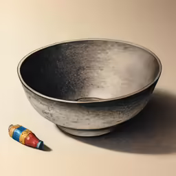 a pencil is laying in front of a bowl