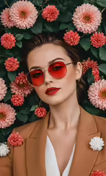 the woman wearing red sunglasses is standing against pink flowers