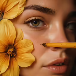 woman with large eyes has yellow flower with pencil