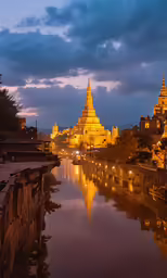 buildings in the distance are lit up at night