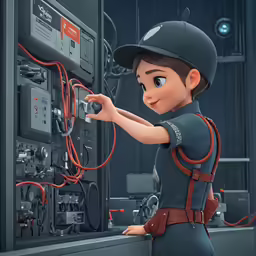 a girl in a helmet and uniform is looking at the switchboard