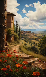 an open landscape with flowers on either side and buildings