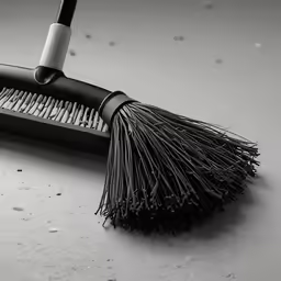 the floor brush is placed near the top of the metal table