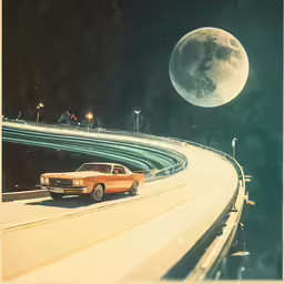 an orange car driving down the highway under a big moon