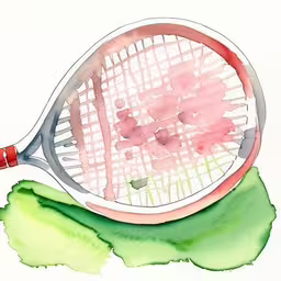 an illustration of a tennis racket and green algae,an illustration of a tennis racket on a pink flower,a watercolor drawing of a tennis racket resting on top of a green leaf,the tennis racquet sits near the watercolng,a tennis racket painted with watercolors on paper