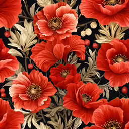 seamless photo with red flowers and green leaves