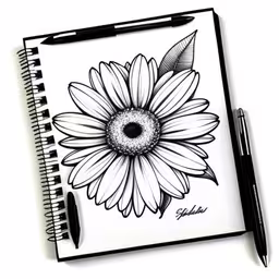 a spiral notebook with a flower drawn on it,drawing of a flower with ballpoint pens
