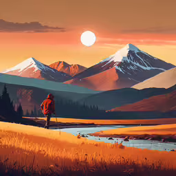 a man walking along a hillside with a river in front of a mountain range,the boy is hiking through a valley with mountains in the background