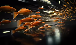 a fish filled with orange fish swimming in an aquarium