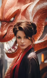 young woman standing in front of a red dragon statue