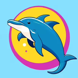 a dolphin is jumping in the air with its mouth open,an illustration of a dolphin with blue and white markings on it
