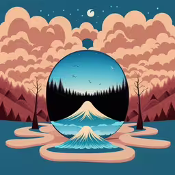 the water and trees are reflected in the sphere,there is a round graphic of the ocean and the mountain