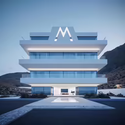 an all white building with lights on it