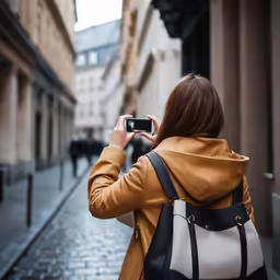 woman in a yellow coat taking a photo with a cell phone